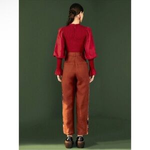 Farm Rio Terracotta Brown Carrot Beaded Tassel Embroidered Linen Pant NWOT S
